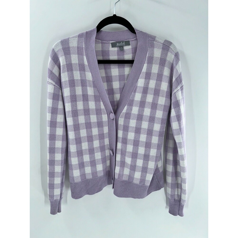 Women's Marled Reunited Clothing Gingham V-Neck Cardigan Sweater Size XS